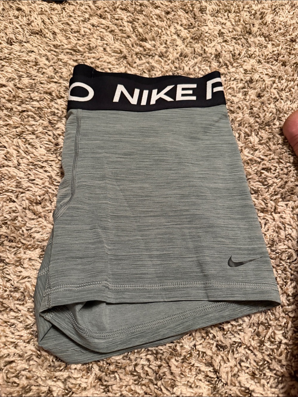 Nike Pro Heathered Sage Women's Athletic Shorts with Black Logo Waistband - Picture 3 of 3